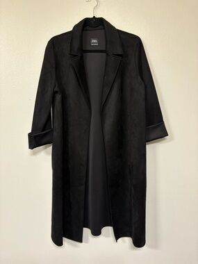 Zara Black Long Open-Front Trench Coat with Rolled Cuffs